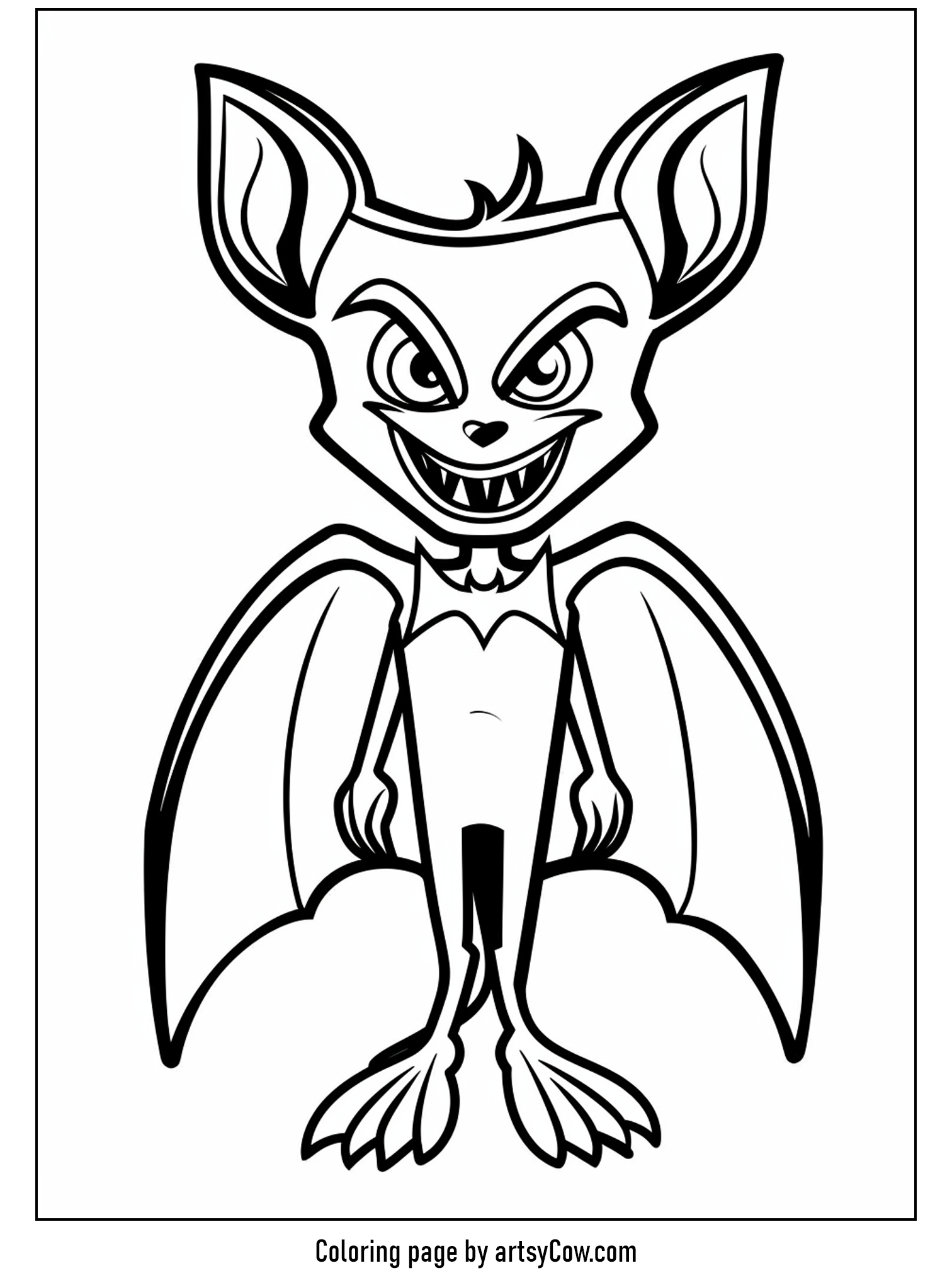scary halloween coloring pages featuring a smirking vampire bat with large wings and a playful expression